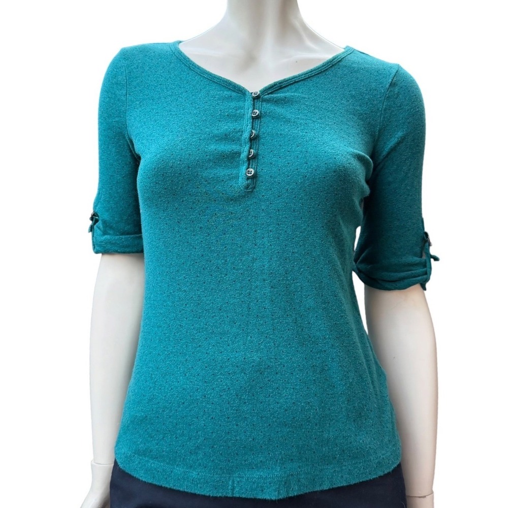 Denver Hays Teal Henley Top Ultra Soft Micro Polka Dot Roll Tab Sleeve Y2K  XS